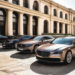 An image showcasing an array of luxury cars, parked in a high-end location