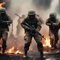 Generate an image of soldiers attacking with knives and screaming in the thick of combat against the enemy, their uniforms and skin streaked with sweat, blood, mud, and dirt amid flying bullets and flames, capturing the intense realities of war on a chaotic battlefield