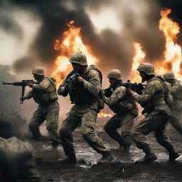 Generate an image of soldiers attacking with knives and screaming in the thick of combat against the enemy, their uniforms and skin streaked with sweat, blood, mud, and dirt amid flying bullets and flames, capturing the intense realities of war on a chaotic battlefield