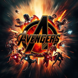 An epic Avengers movie poster featuring a striking black, gold, orange, and red theme