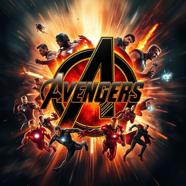 An epic Avengers movie poster featuring a striking black, gold, orange, and red theme
