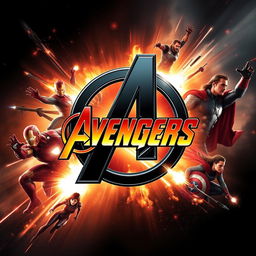An epic Avengers movie poster featuring a striking black, gold, orange, and red theme