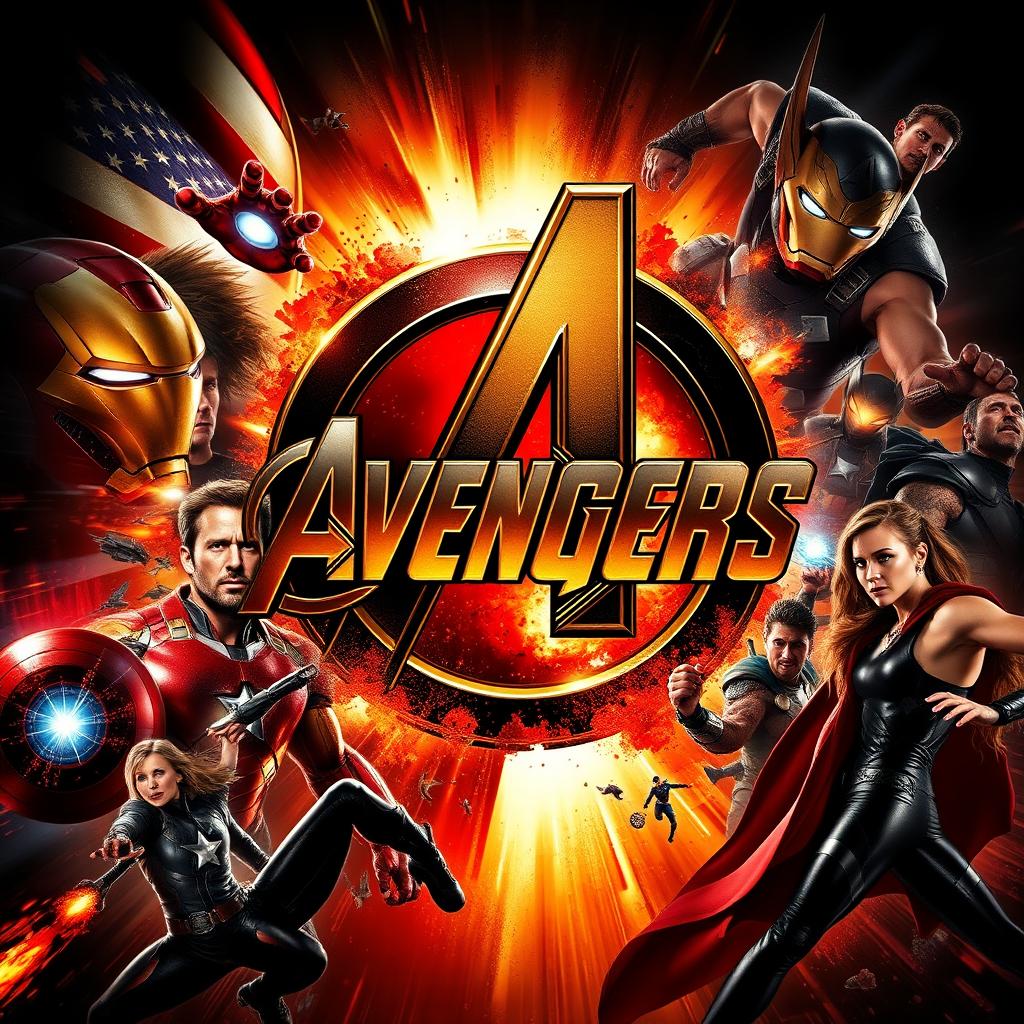 An epic Avengers movie poster featuring a striking black, gold, orange, and red theme