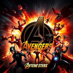 An epic Avengers movie poster featuring a striking black, gold, orange, and red theme