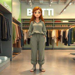 A large and beautiful cartoon model wearing loose basic pants and a long cotton shirt, with wool socks and no shoes, standing in a clothing store named BATTI
