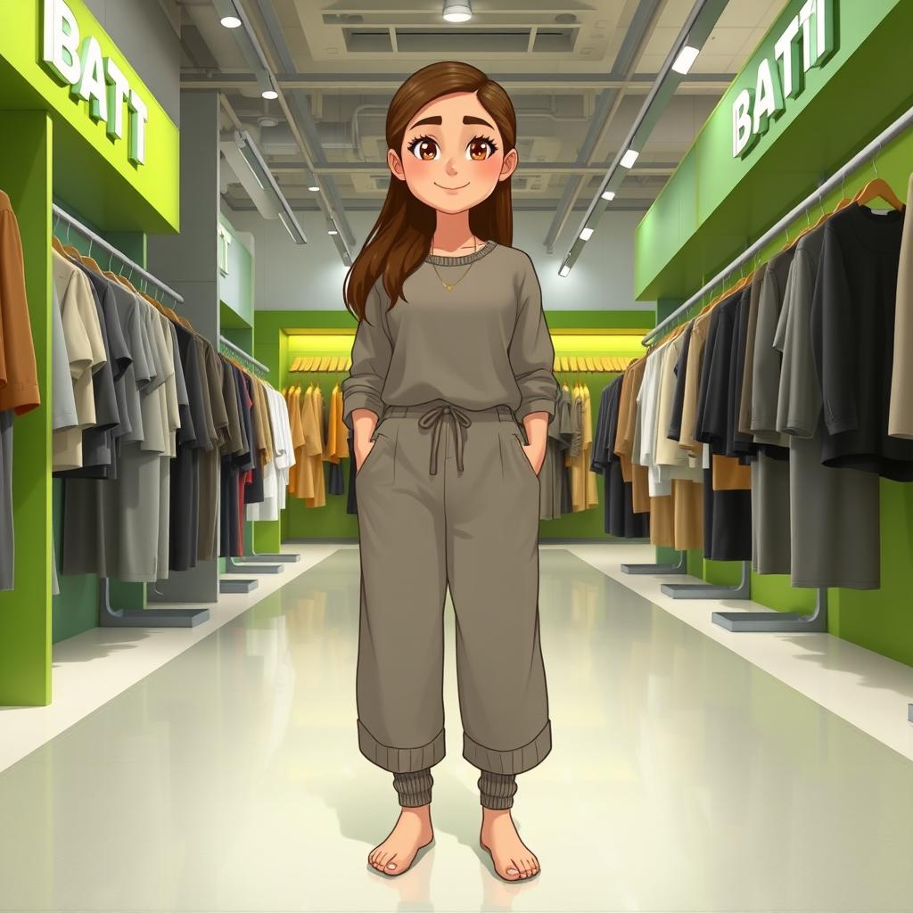 A large and beautiful cartoon model wearing loose basic pants and a long cotton shirt, with wool socks and no shoes, standing in a clothing store named BATTI