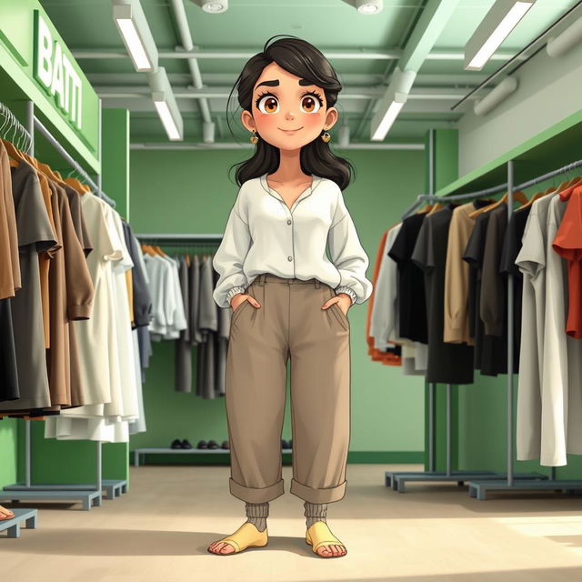 A large and beautiful cartoon model wearing loose basic pants and a long cotton shirt, with wool socks and no shoes, standing in a clothing store named BATTI