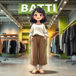 A large and beautiful cartoon model wearing loose basic pants and a long cotton shirt, with wool socks and no shoes, standing in a clothing store named BATTI