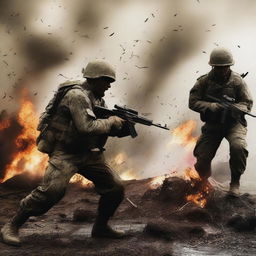 Generate an image of soldiers attacking with knives and screaming in the thick of combat against the enemy, their uniforms and skin streaked with sweat, blood, mud, and dirt amid flying bullets and flames, capturing the intense realities of war on a chaotic battlefield