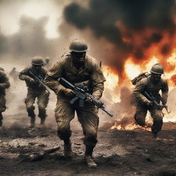 Generate an image of soldiers attacking with knives and screaming in the thick of combat against the enemy, their uniforms and skin streaked with sweat, blood, mud, and dirt amid flying bullets and flames, capturing the intense realities of war on a chaotic battlefield