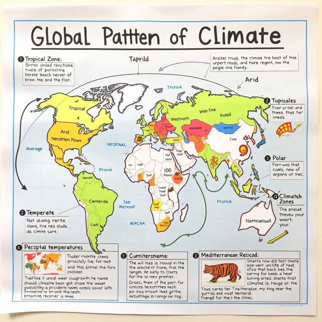 A detailed and visually engaging graphic organizer illustrating the global pattern of climate