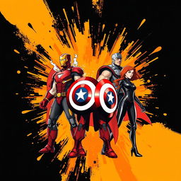 A dynamic vector-style poster featuring iconic Avengers superheroes standing heroically against a striking black, gold, orange, and red theme