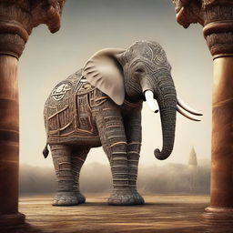 This image is a piece of high-quality digital art showcasing a gigantic elephant with four ivory tusks