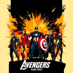 A dynamic vector-style poster featuring iconic Avengers superheroes standing heroically against a striking black, gold, orange, and red theme