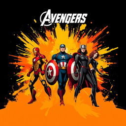 A dynamic vector-style poster featuring iconic Avengers superheroes standing heroically against a striking black, gold, orange, and red theme