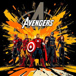 A dynamic vector-style poster featuring iconic Avengers superheroes standing heroically against a striking black, gold, orange, and red theme