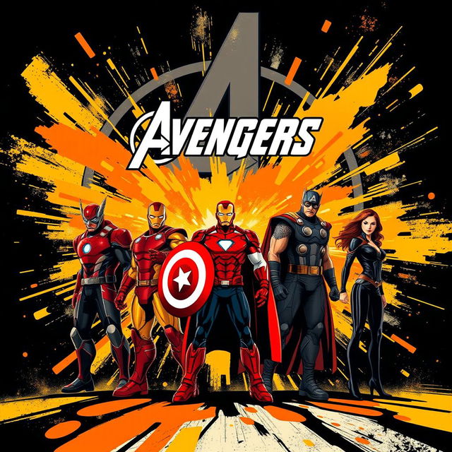 A dynamic vector-style poster featuring iconic Avengers superheroes standing heroically against a striking black, gold, orange, and red theme