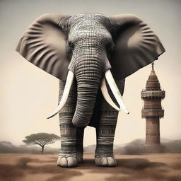 This image is a piece of high-quality digital art showcasing a gigantic elephant with four ivory tusks