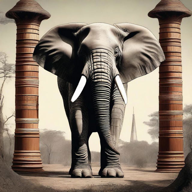 This image is a piece of high-quality digital art showcasing a gigantic elephant with four ivory tusks