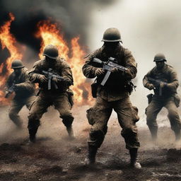 Generate an image of soldiers in intense knife combat, screaming as they face the enemy, their uniforms and skin streaked with sweat, blood, mud, and dirt amid flying bullets and flames, capturing the brutal realities of war on a chaotic battlefield