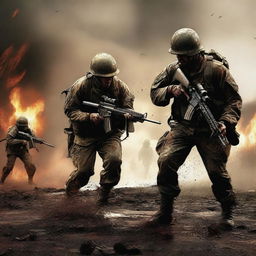 Generate an image of soldiers in intense knife combat, screaming as they face the enemy, their uniforms and skin streaked with sweat, blood, mud, and dirt amid flying bullets and flames, capturing the brutal realities of war on a chaotic battlefield