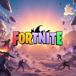 A creative reinterpretation of the Fortnite logo, featuring the bold, stylized font characteristic of the game, with vibrant color schemes set against a dynamic background of an epic battle scene