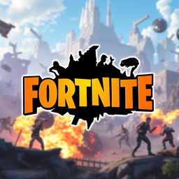 A creative reinterpretation of the Fortnite logo, featuring the bold, stylized font characteristic of the game, with vibrant color schemes set against a dynamic background of an epic battle scene