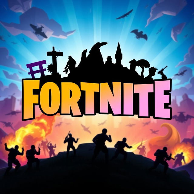 A creative reinterpretation of the Fortnite logo, featuring the bold, stylized font characteristic of the game, with vibrant color schemes set against a dynamic background of an epic battle scene