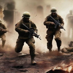 Generate an image of soldiers in intense knife combat, screaming as they face the enemy, their uniforms and skin streaked with sweat, blood, mud, and dirt amid flying bullets and flames, capturing the brutal realities of war on a chaotic battlefield