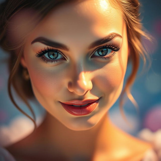 A close-up of a beautiful woman's face, her eyes sparkling and expressive with a captivating gaze, her hair styled elegantly, surrounded by a dreamy, soft-focus backdrop of pastel colors