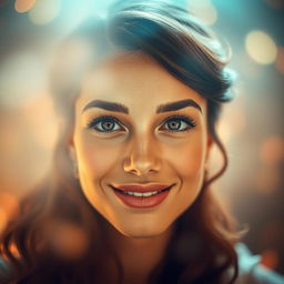 A close-up of a beautiful woman's face, her eyes sparkling and expressive with a captivating gaze, her hair styled elegantly, surrounded by a dreamy, soft-focus backdrop of pastel colors