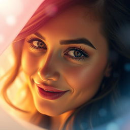 A close-up of a beautiful woman's face, her eyes sparkling and expressive with a captivating gaze, her hair styled elegantly, surrounded by a dreamy, soft-focus backdrop of pastel colors