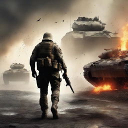 Create an image of a lone soldier facing off against an enemy tank, his uniform and skin streaked with sweat, blood, mud, and dirt among flying bullets and flames, capturing the dire realities of war on a chaotic battlefield