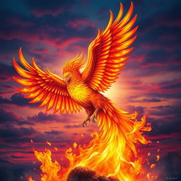 A vibrant and majestic phoenix bird rising from fiery flames, showcasing its stunning plumage of red, orange, and gold feathers that shimmer in the light