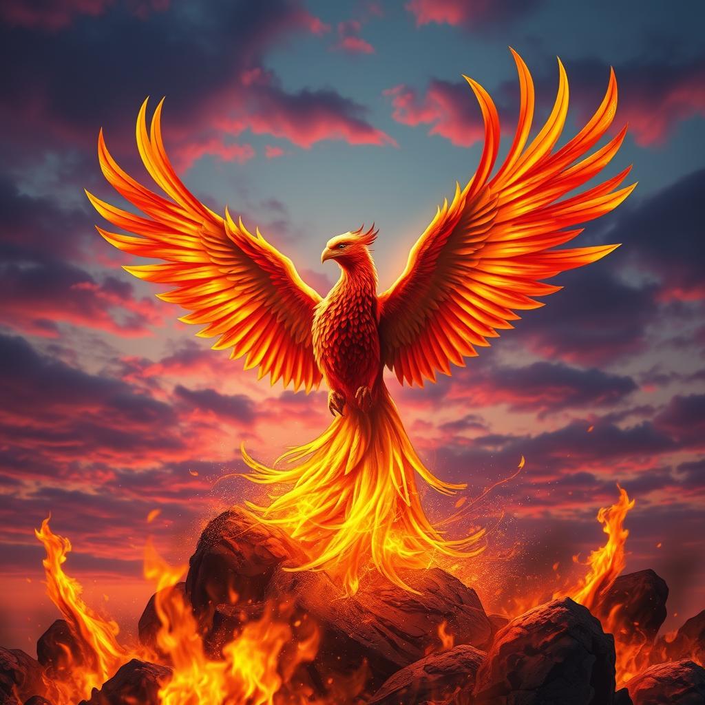 A vibrant and majestic phoenix bird rising from fiery flames, showcasing its stunning plumage of red, orange, and gold feathers that shimmer in the light