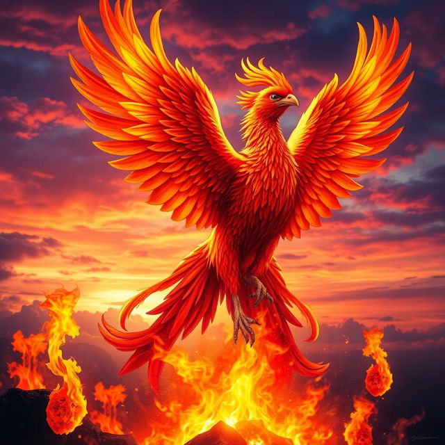 A vibrant and majestic phoenix bird rising from fiery flames, showcasing its stunning plumage of red, orange, and gold feathers that shimmer in the light