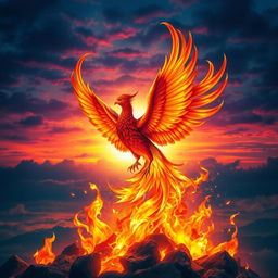 A vibrant and majestic phoenix bird rising from fiery flames, showcasing its stunning plumage of red, orange, and gold feathers that shimmer in the light