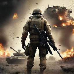 Create an image of a lone soldier facing off against an enemy tank, his uniform and skin streaked with sweat, blood, mud, and dirt among flying bullets and flames, capturing the dire realities of war on a chaotic battlefield