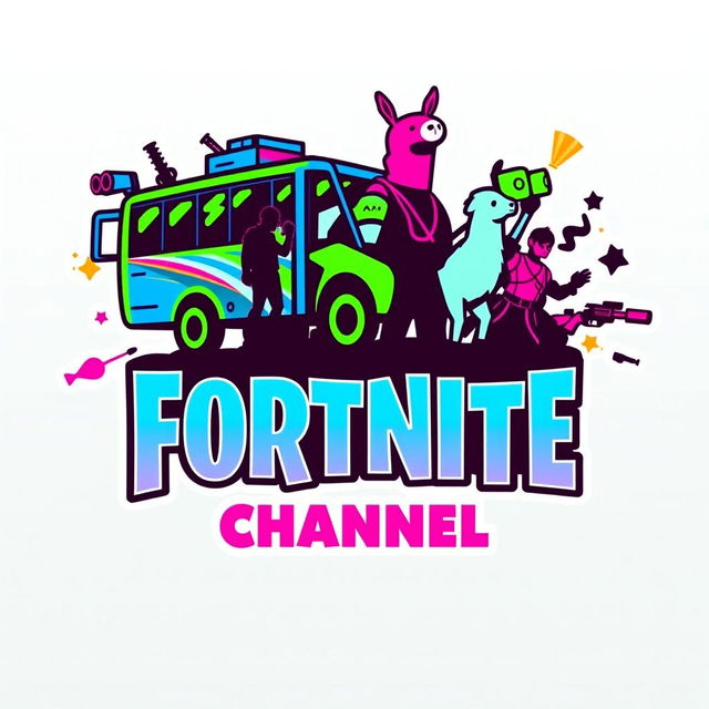 A vibrant and energetic logo design for a Fortnite channel, showcasing iconic elements from the game such as a Battle Bus, llamas, and stylized character silhouettes