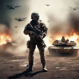 Create an image of a lone soldier facing off against an enemy tank, his uniform and skin streaked with sweat, blood, mud, and dirt among flying bullets and flames, capturing the dire realities of war on a chaotic battlefield