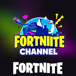 A vibrant and energetic logo design for a Fortnite channel, showcasing iconic elements from the game such as a Battle Bus, llamas, and stylized character silhouettes