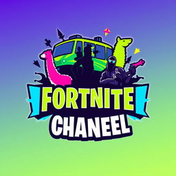 A vibrant and energetic logo design for a Fortnite channel, showcasing iconic elements from the game such as a Battle Bus, llamas, and stylized character silhouettes