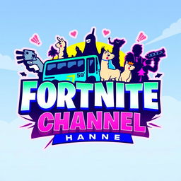 A vibrant and energetic logo design for a Fortnite channel, showcasing iconic elements from the game such as a Battle Bus, llamas, and stylized character silhouettes