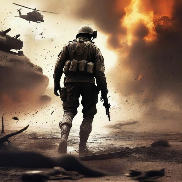 Create an image of a lone soldier facing off against an enemy tank, his uniform and skin streaked with sweat, blood, mud, and dirt among flying bullets and flames, capturing the dire realities of war on a chaotic battlefield