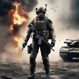 Create an image of a lone soldier standing defiantly in front of an enemy tank, his uniform and skin streaked with sweat, blood, mud, and dirt among flying bullets and flames, capturing the dire realities of war on a chaotic battlefield