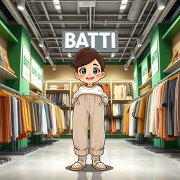 A large and beautiful cartoon model standing in a clothing store named BATTI, wearing loose basic pants and a long cotton shirt, paired with wool socks