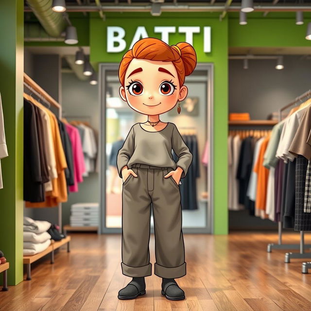 A large and beautiful cartoon model standing in a clothing store named BATTI, wearing loose basic pants and a long cotton shirt, paired with wool socks