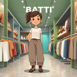 A large and beautiful cartoon model standing in a clothing store named BATTI, wearing loose basic pants and a long cotton shirt, paired with wool socks