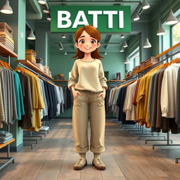 A large and beautiful cartoon model standing in a clothing store named BATTI, wearing loose basic pants and a long cotton shirt, paired with wool socks