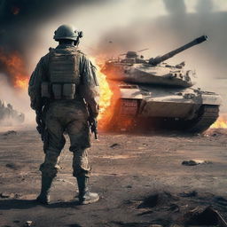 Create an image of a lone soldier standing defiantly in front of an enemy tank, his uniform and skin streaked with sweat, blood, mud, and dirt among flying bullets and flames, capturing the dire realities of war on a chaotic battlefield